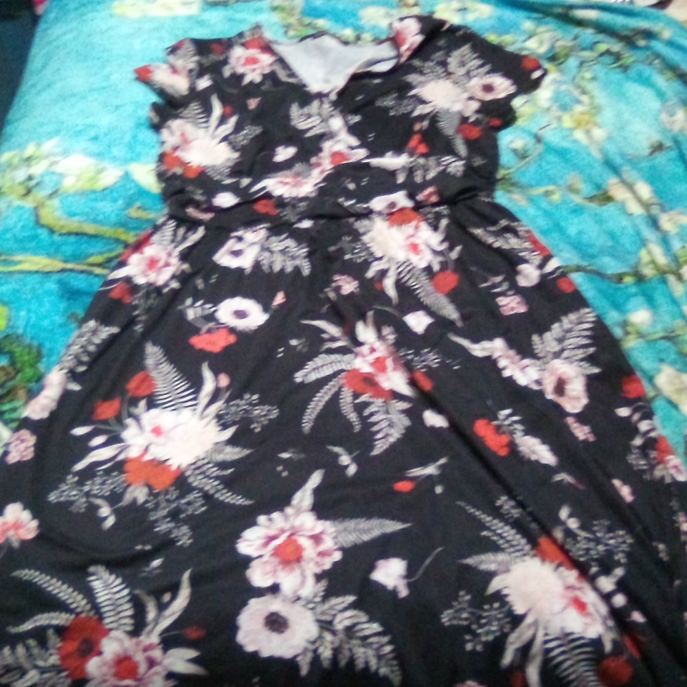 Ouges Black Floral Wrap Dress Size L. - image 1